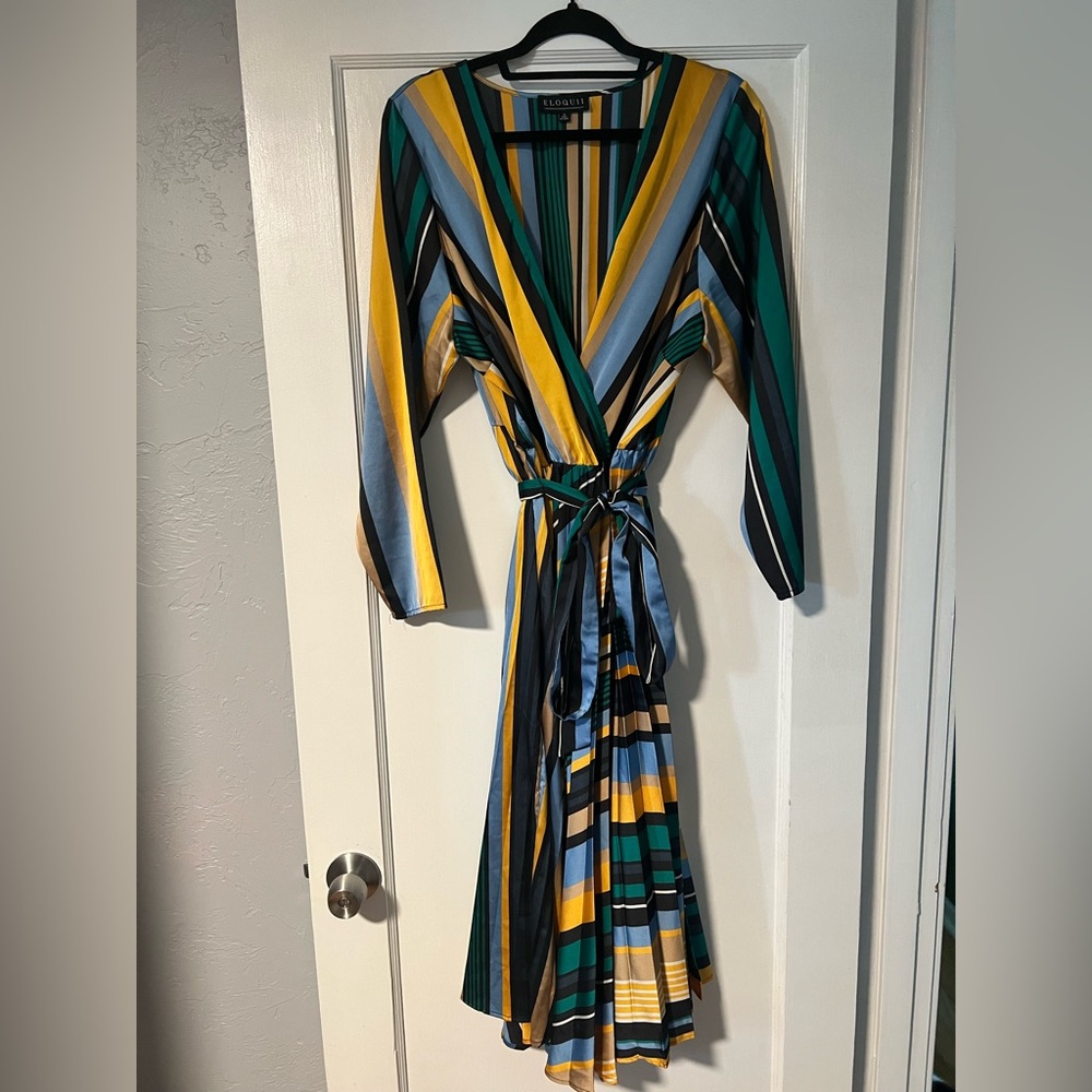 Eloquii Pleated Striped Midi Dress